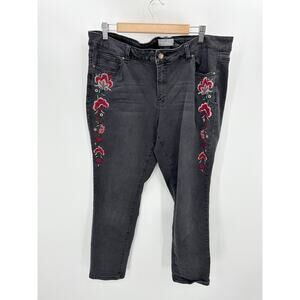 Falls Creek Jeans Women 18 Black Denim Floral Embroidered Skinny Cotton Blend